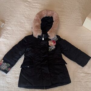 MonnaLisa Black Coat with Cream Fur Trim